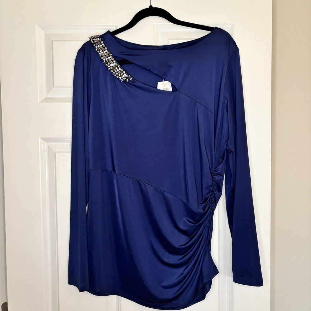 Caché Formal Top NWT Size Xl Blue Navy Beaded Stretchy Slinky Long Sleeve